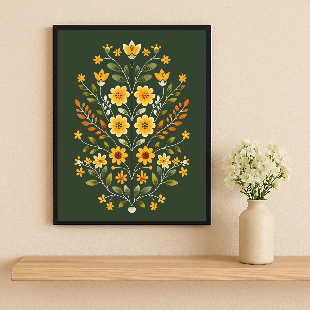 Quadro Flores Verde e Amarelo Folk Art