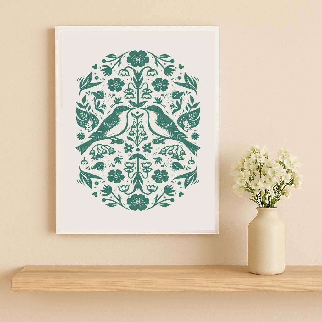 Quadro Minimalista Passarinhos Folk Art Verde