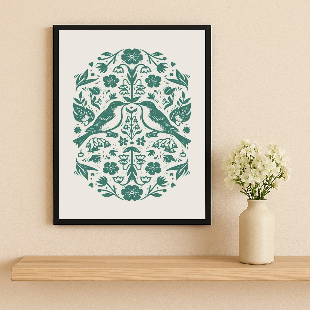 Quadro Minimalista Passarinhos Folk Art Verde