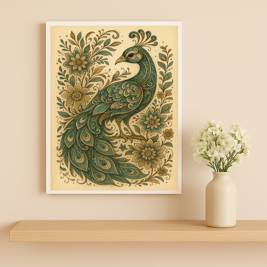 Quadro Pavão Vintage Folk Art