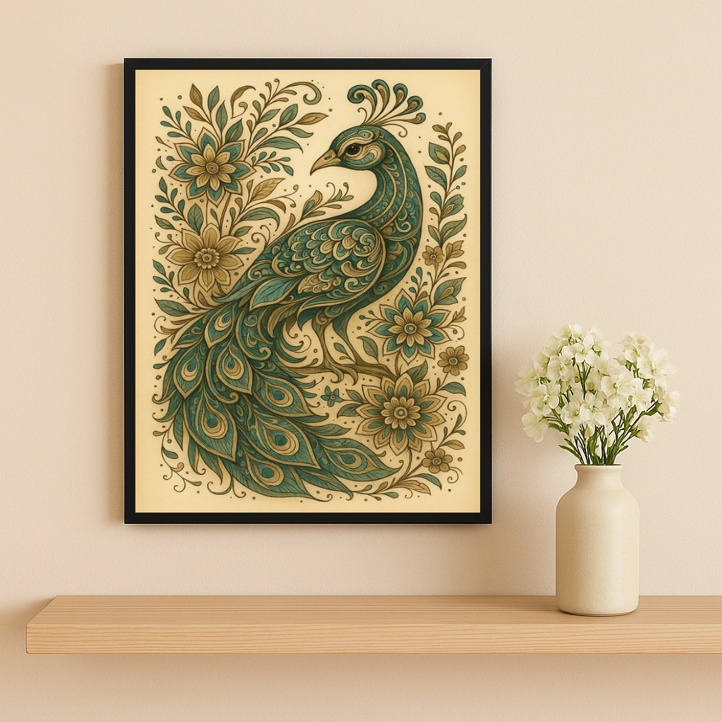 Quadro Pavão Vintage Folk Art