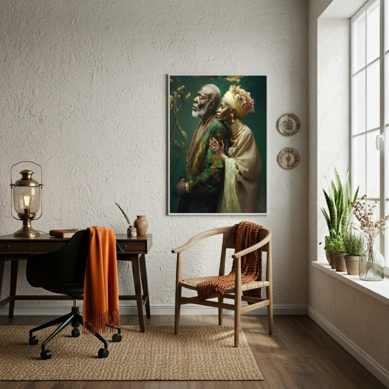 Quadro Preto Velho e Preta Velha com Vestes Verdes - 70x50cm