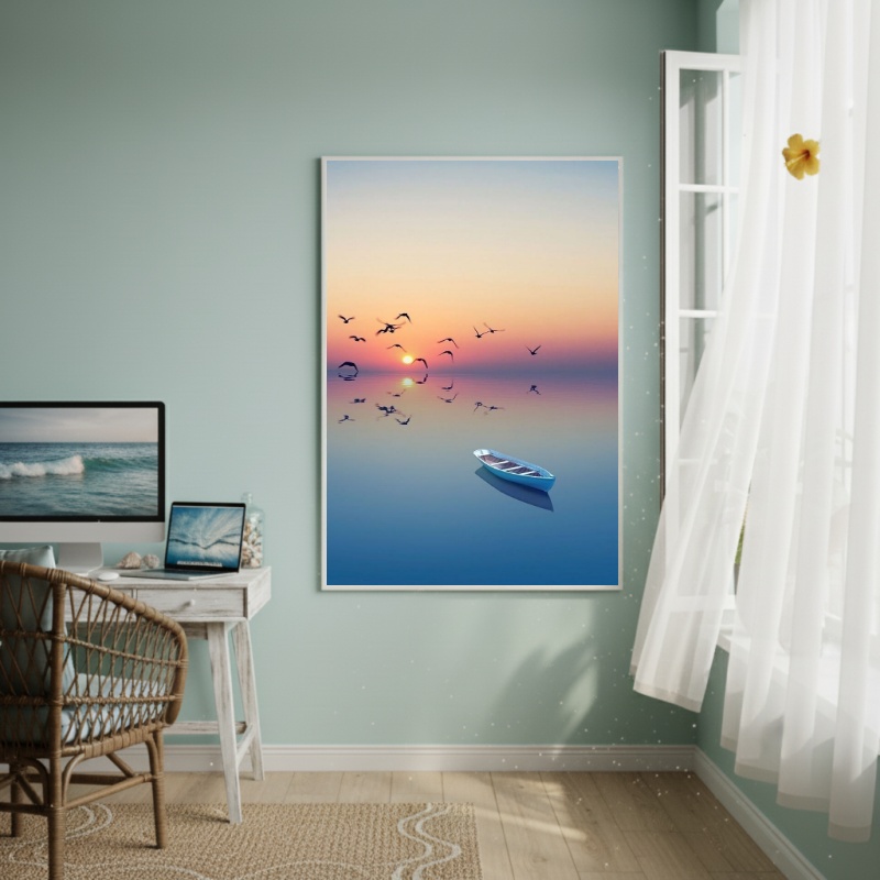 Quadro Decorativo Arte Barco Com Gaivotas - 70x50cm