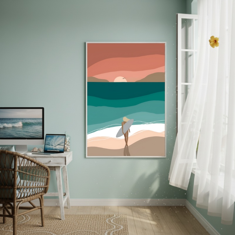Quadro Decorativo Arte De Mulher Surfista - 70x50cm