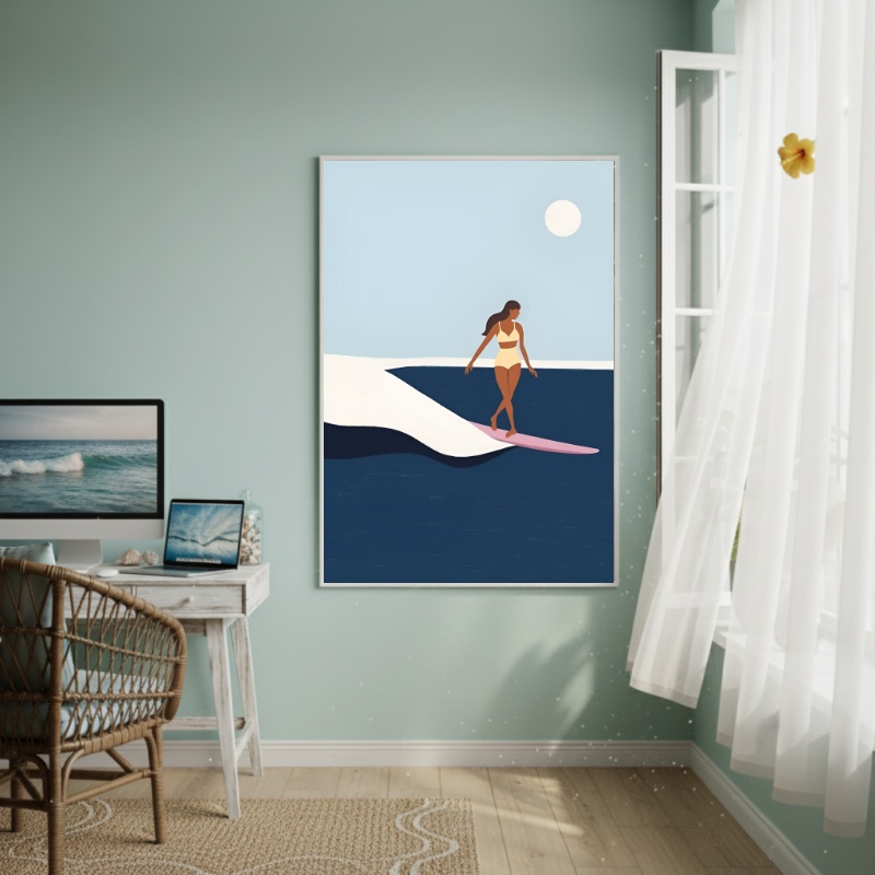 Quadro Decorativo Arte De Uma Mulher Surfando-70x50cm