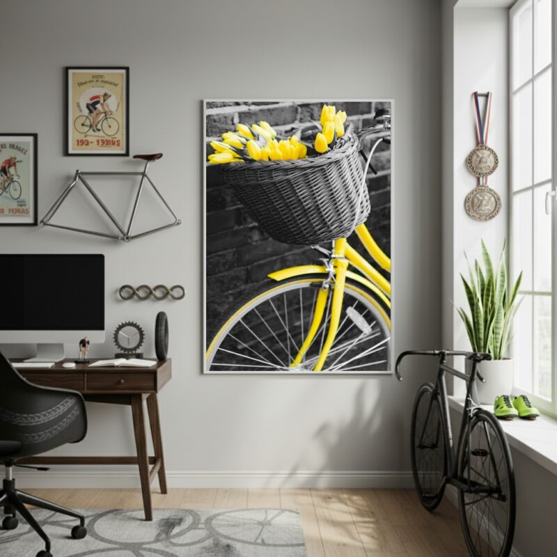 Quadro Decorativo Bike Com Flores Amarelas-70x50cm