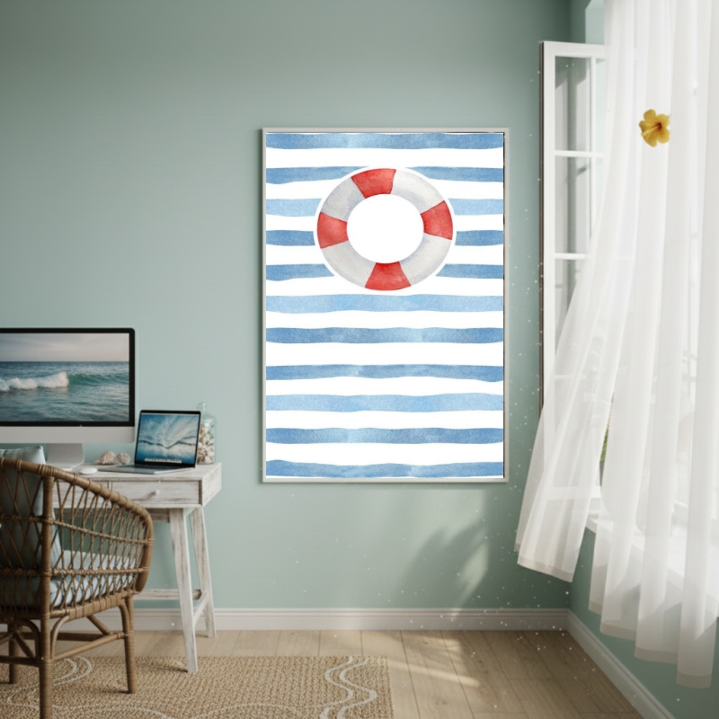 Quadro Decorativo Boia SalvaVidas Fundo Listrado-70x50cm