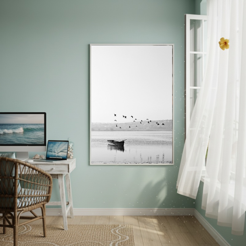 Quadro Decorativo Canoa E Gaivotas-70x50cm