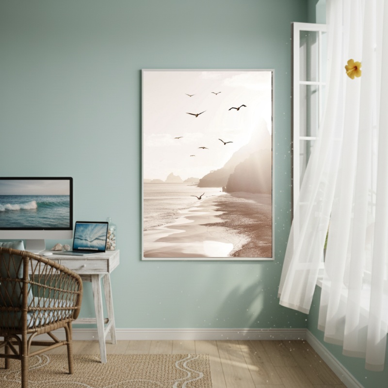 Quadro Decorativo Gaivotas Voando Na Praia-70x50cm