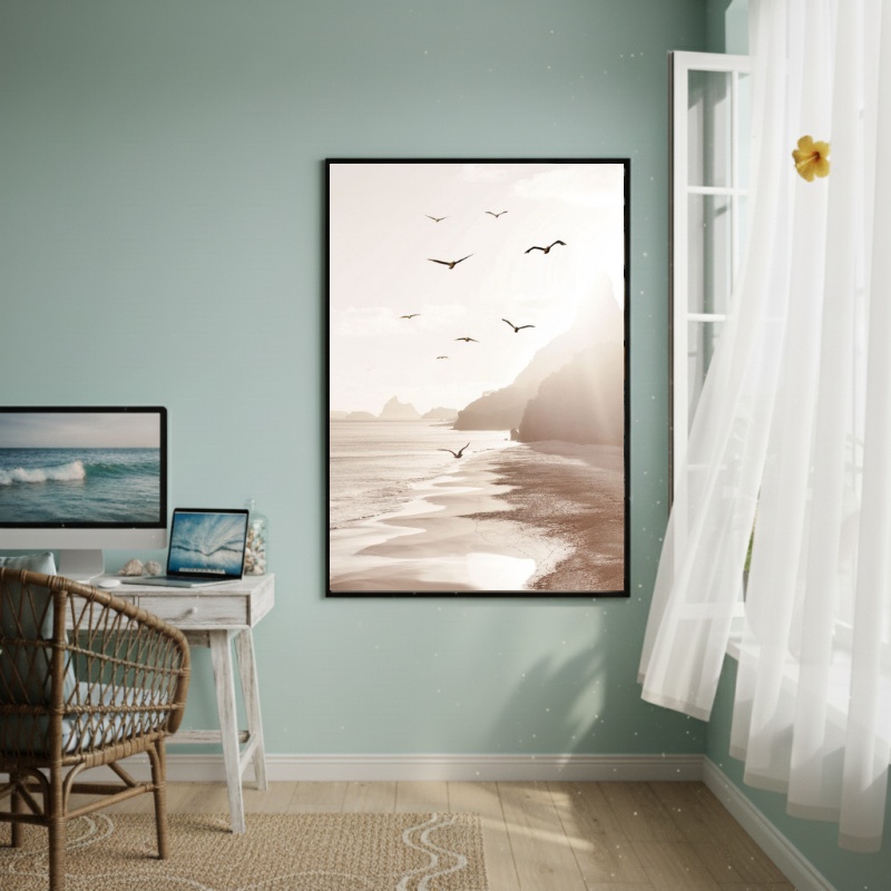 Quadro Decorativo Gaivotas Voando Na Praia-70x50cm