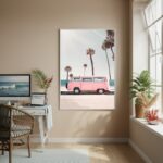 Quadro Decorativo Kombi Rosa Com Palmeiras-70x50cm
