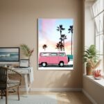 Quadro Decorativo Kombi Rosa E Palmeiras-70x50cm
