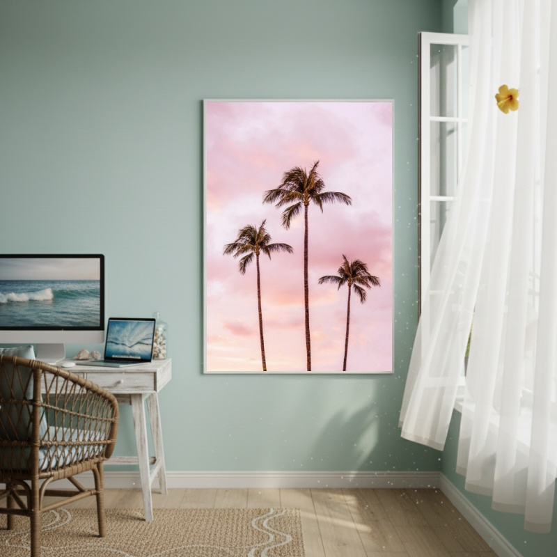 Quadro Decorativo Palmeiras Com Céu Rosa-70x50cm