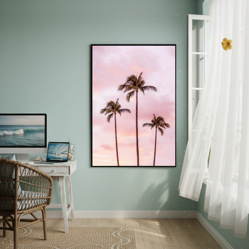 Quadro Decorativo Palmeiras Com Céu Rosa-70x50cm
