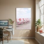 Quadro Decorativo Praia Com Guarda-Sóis Rosas-70x50cm