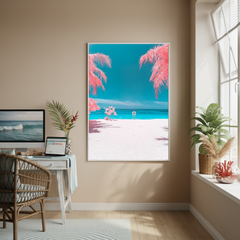Quadro Decorativo Praia De Palmeiras Rosas-70x50cm