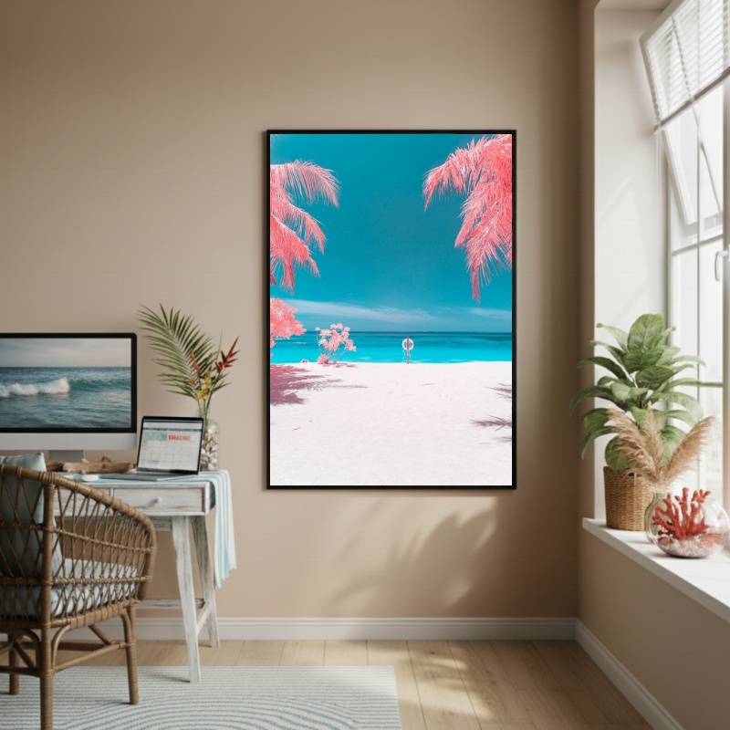 Quadro Decorativo Praia De Palmeiras Rosas-70x50cm