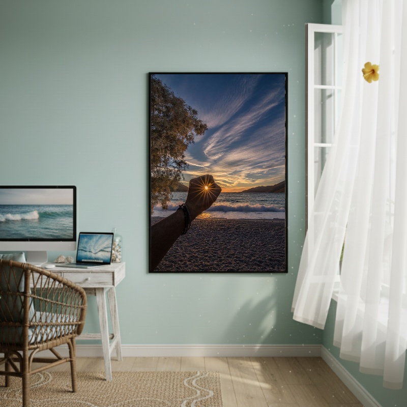 Quadro Decorativo Sol Na Palma Da Mão-70x50cm