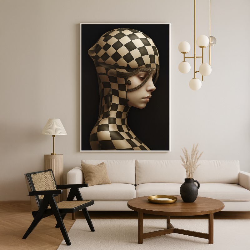 Quadro Canvas Arte Surrealista Mulher Preto e Bege