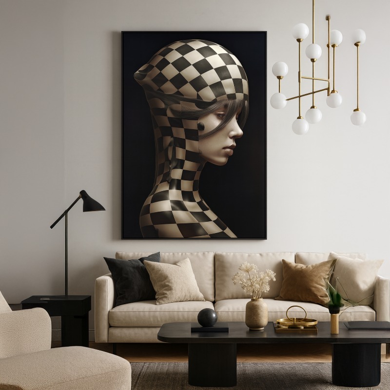 Quadro Canvas Arte Surrealista Mulher Preto e Bege