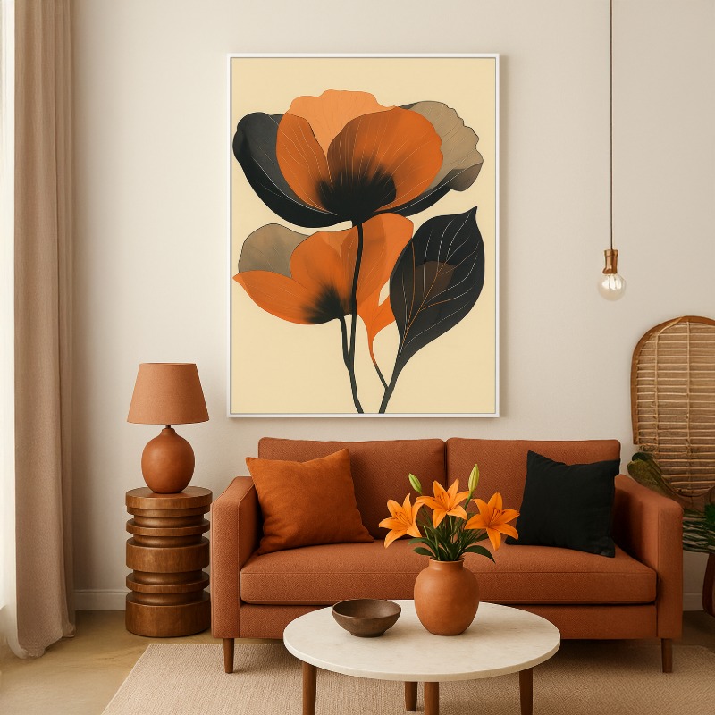 Quadro Canvas Floral Marrom e Preto
