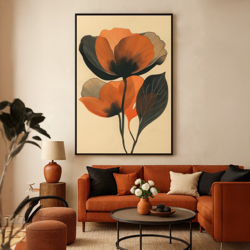 Quadro Canvas Floral Marrom e Preto
