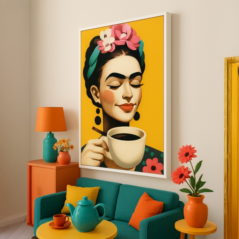 Quadro Canvas Frida Tomando Café
