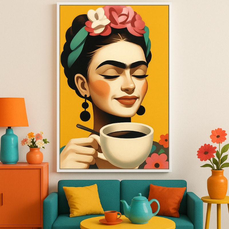 Quadro Canvas Frida Tomando Café