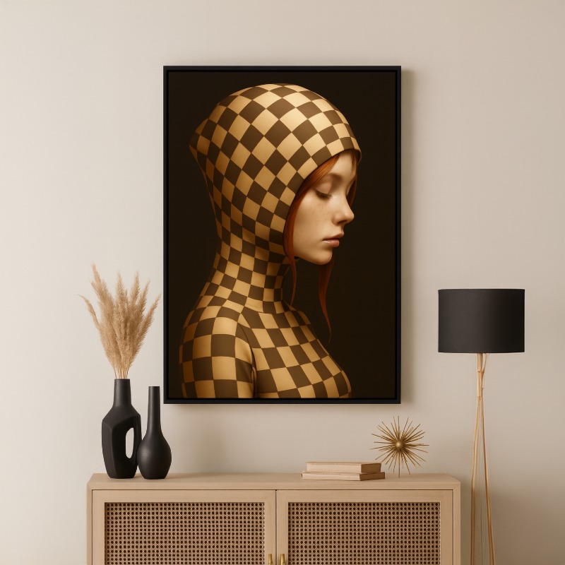 Quadro Canvas Surrealismo Mulher Ruiva Xadrez