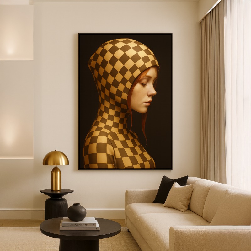Quadro Canvas Surrealismo Mulher Ruiva Xadrez
