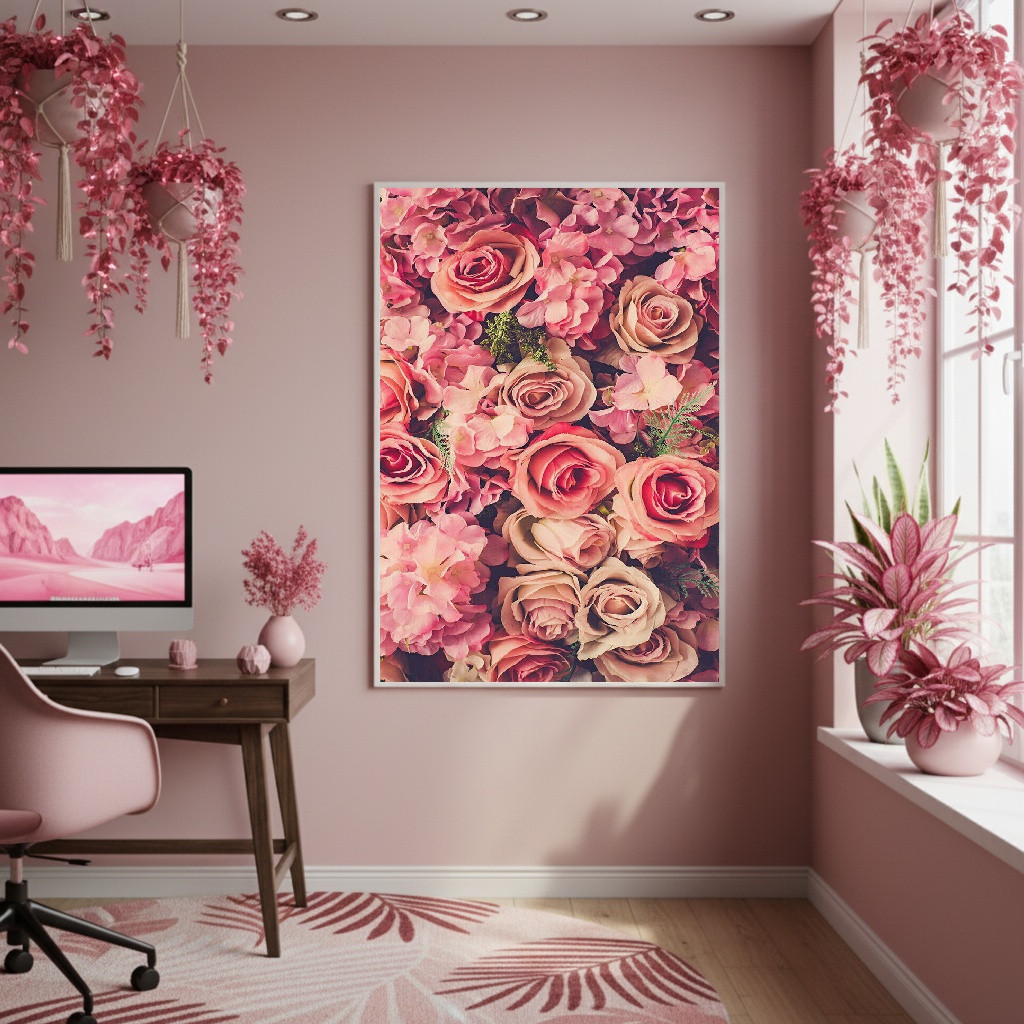 Quadro Decorativo Arranjo Floral Rosa - 70x50cm