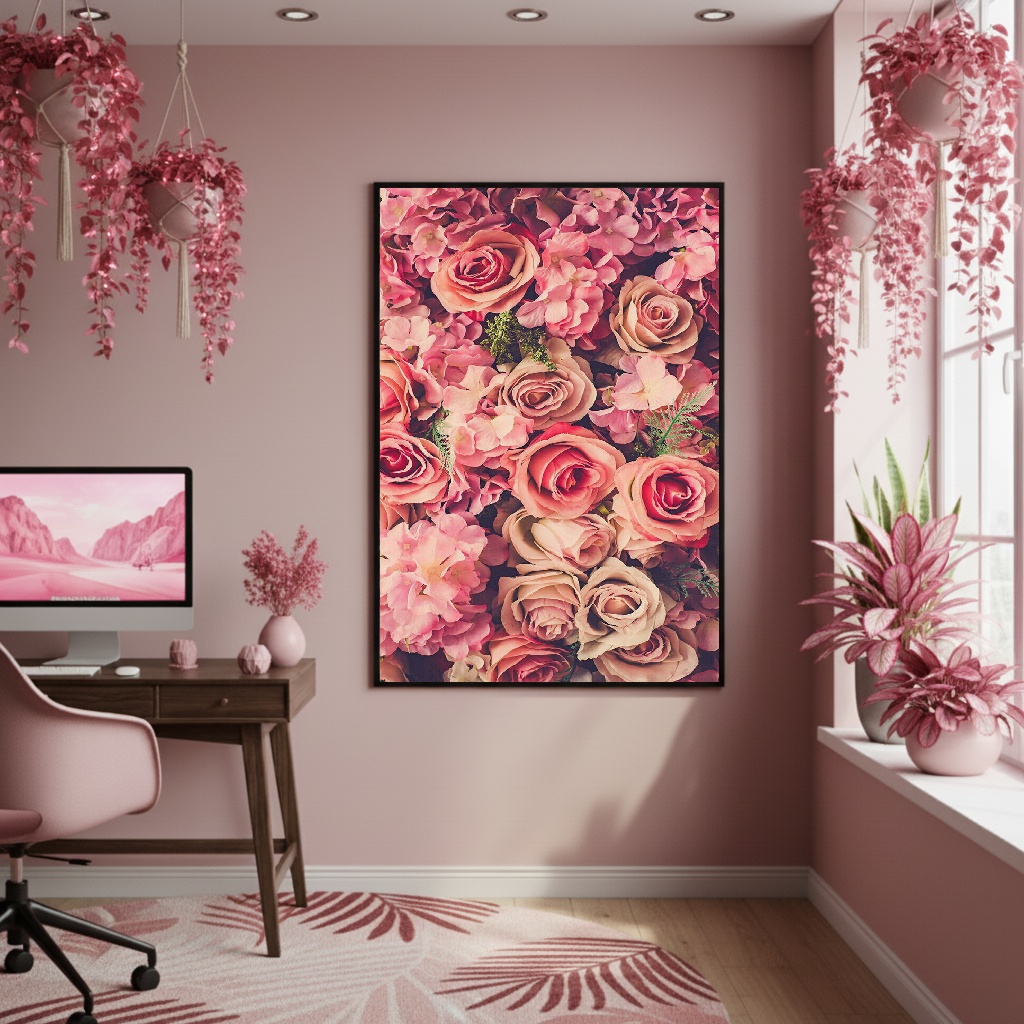 Quadro Decorativo Arranjo Floral Rosa - 70x50cm