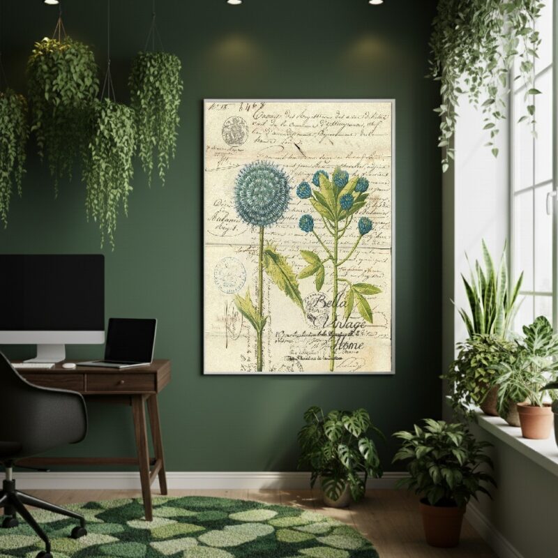 Quadro Decorativo Floral Azul Vintage - 70x50cm