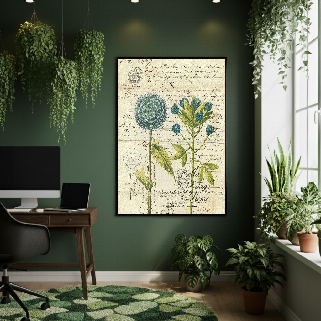 Quadro Decorativo Floral Azul Vintage - 70x50cm