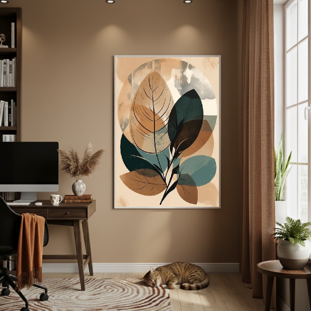 Quadro Decorativo Folhagens Tons De Bege - 70x50cm