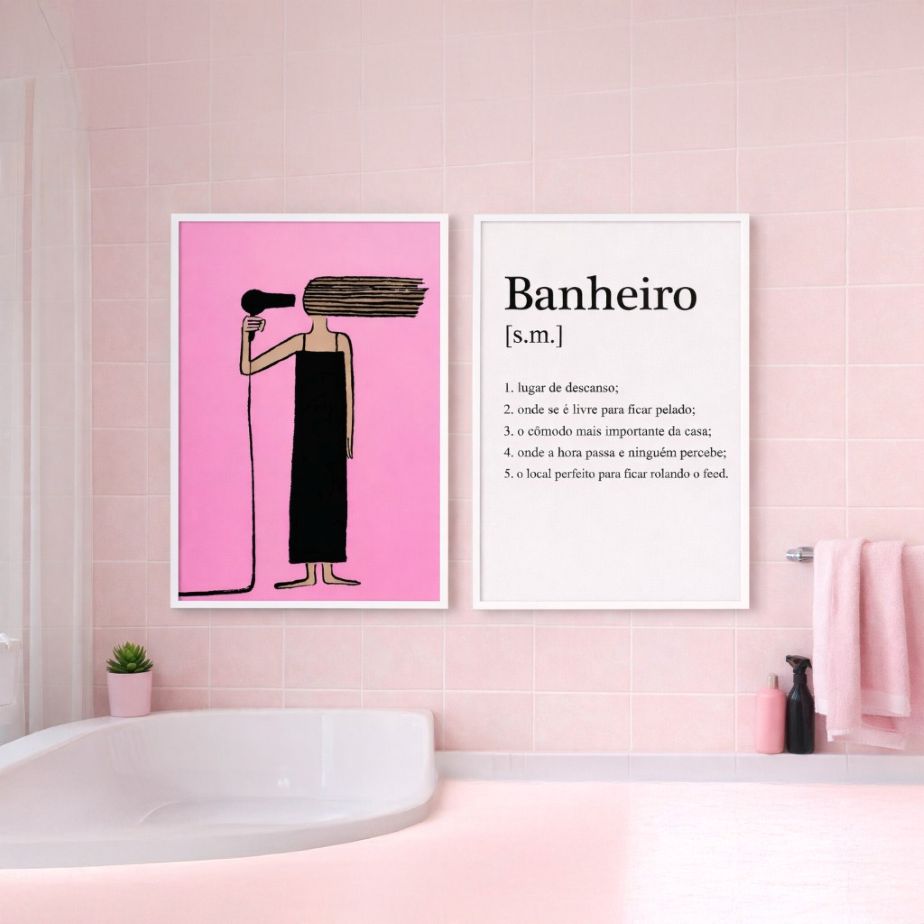 kit 2 Quadros Divertidos Banheiro Feminino - Secador