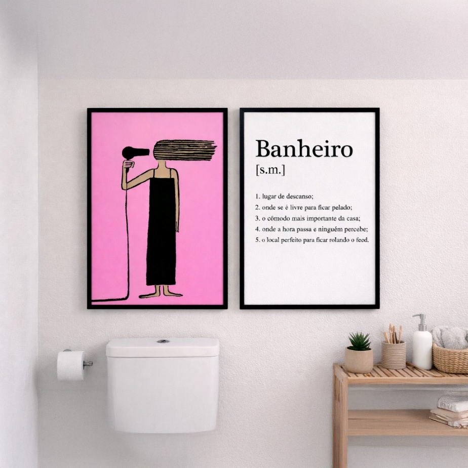 kit 2 Quadros Divertidos Banheiro Feminino - Secador