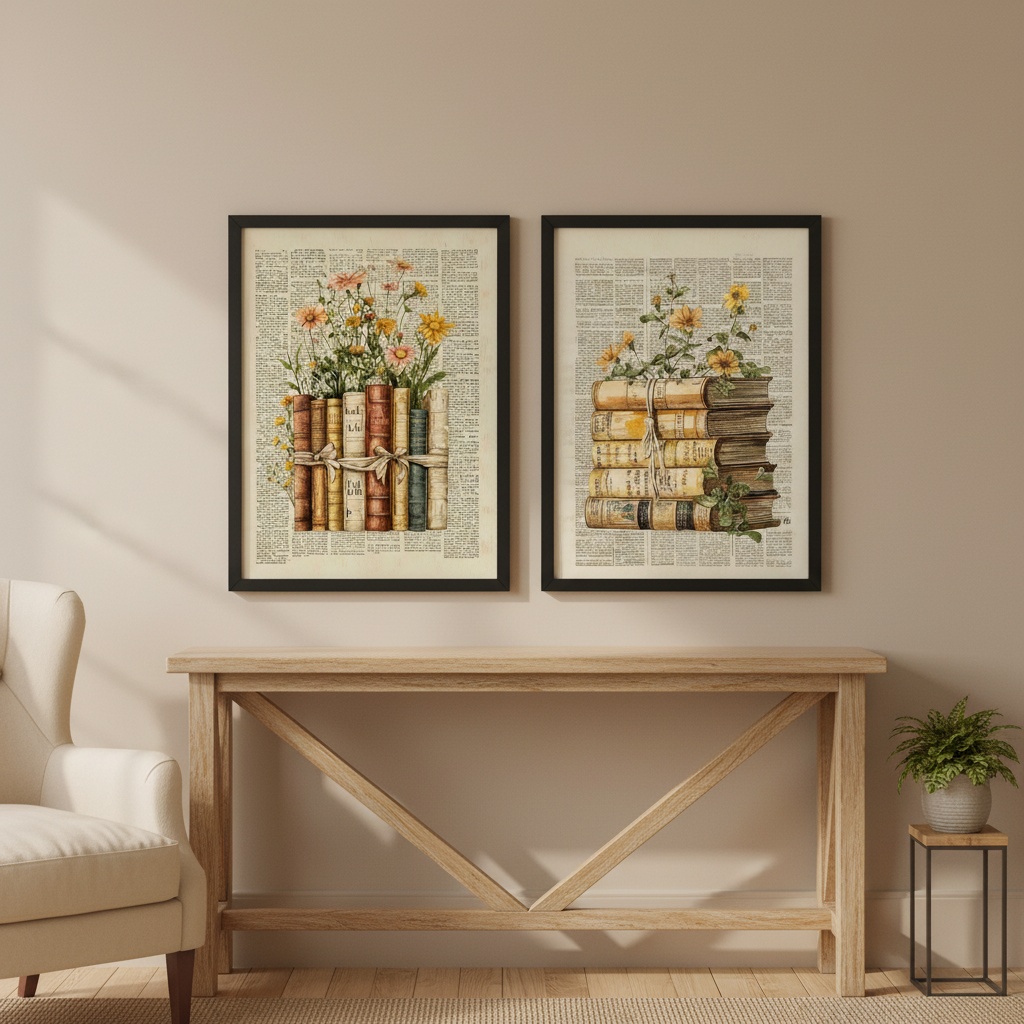 Kit 2 Quadros Biblioteca Livros Com Flores Vintage