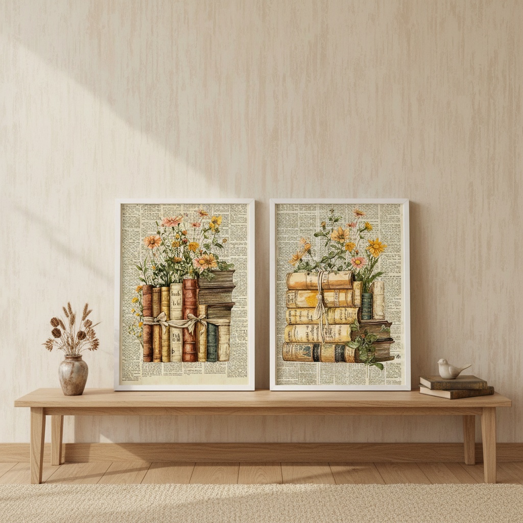 Kit 2 Quadros Biblioteca Livros Com Flores Vintage
