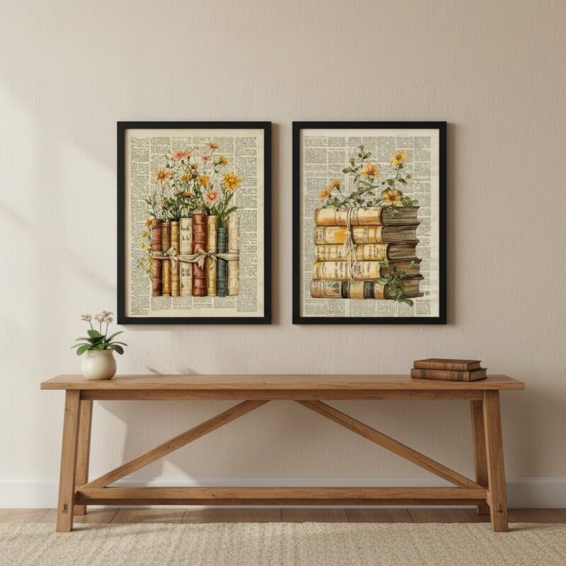 Kit 2 Quadros Biblioteca Livros Com Flores Vintage