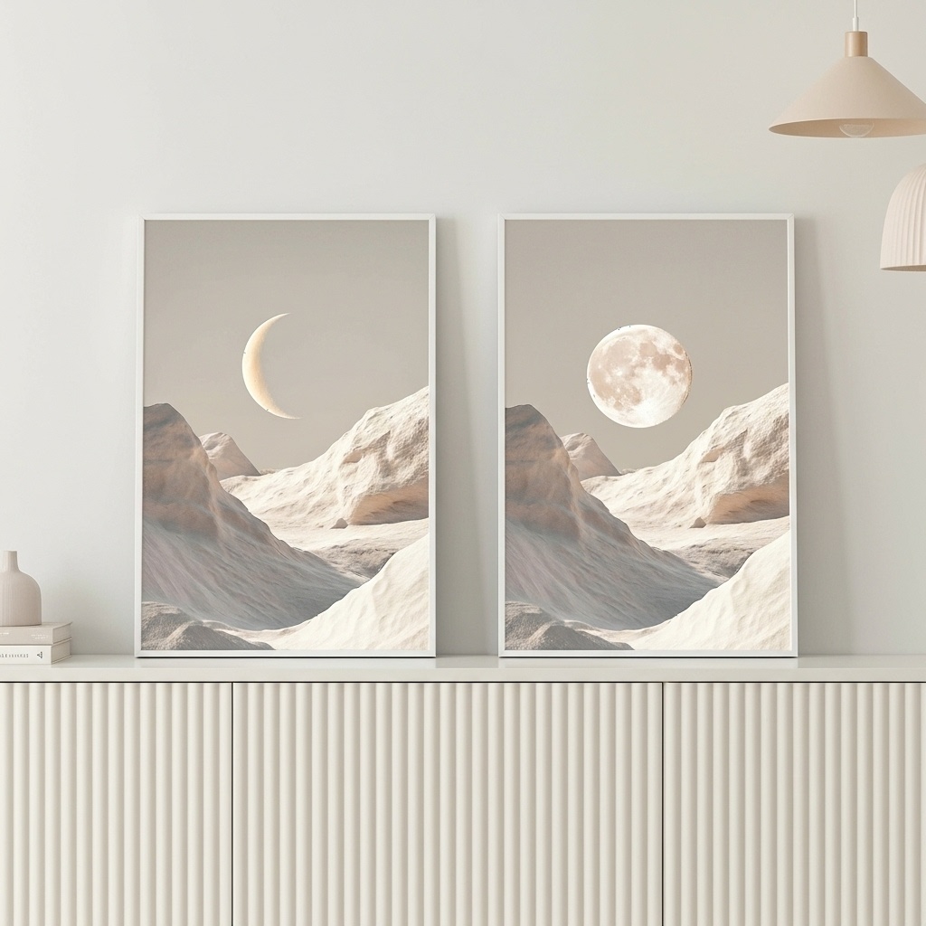 Kit 2 Quadros Decorativos Lua Boho - Branco e Cinza