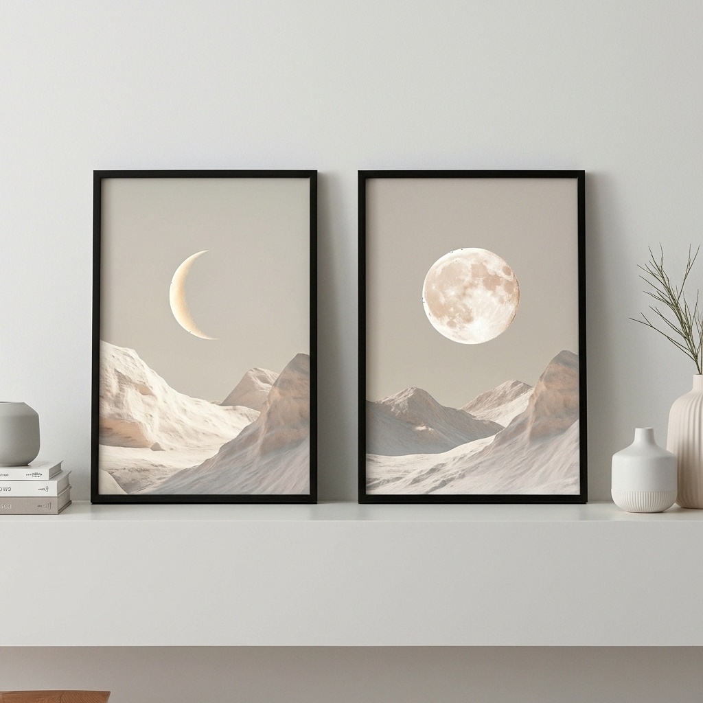 Kit 2 Quadros Decorativos Lua Boho - Branco e Cinza