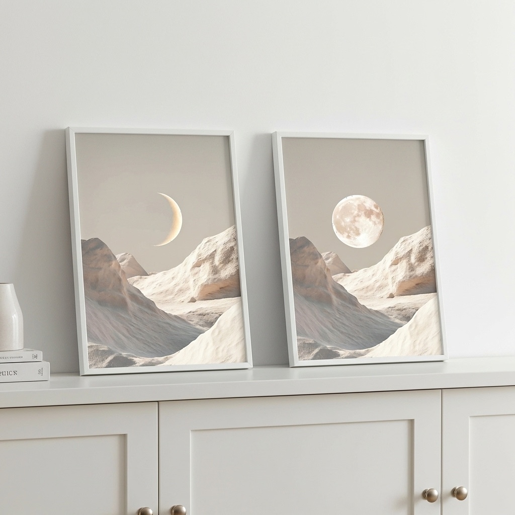 Kit 2 Quadros Decorativos Lua Boho - Branco e Cinza