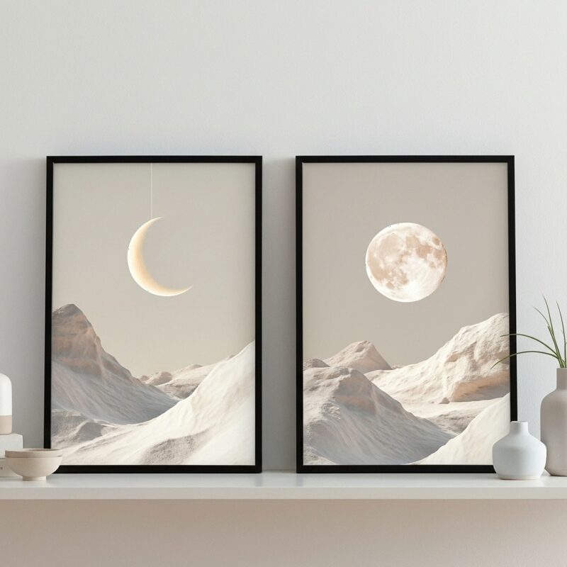 Kit 2 Quadros Decorativos Lua Boho - Branco e Cinza