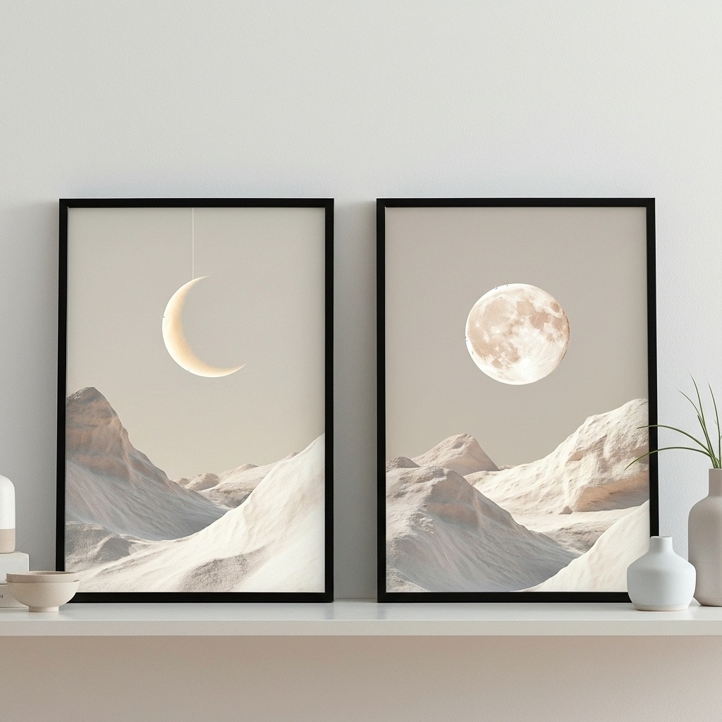 Kit 2 Quadros Decorativos Lua Boho - Branco e Cinza