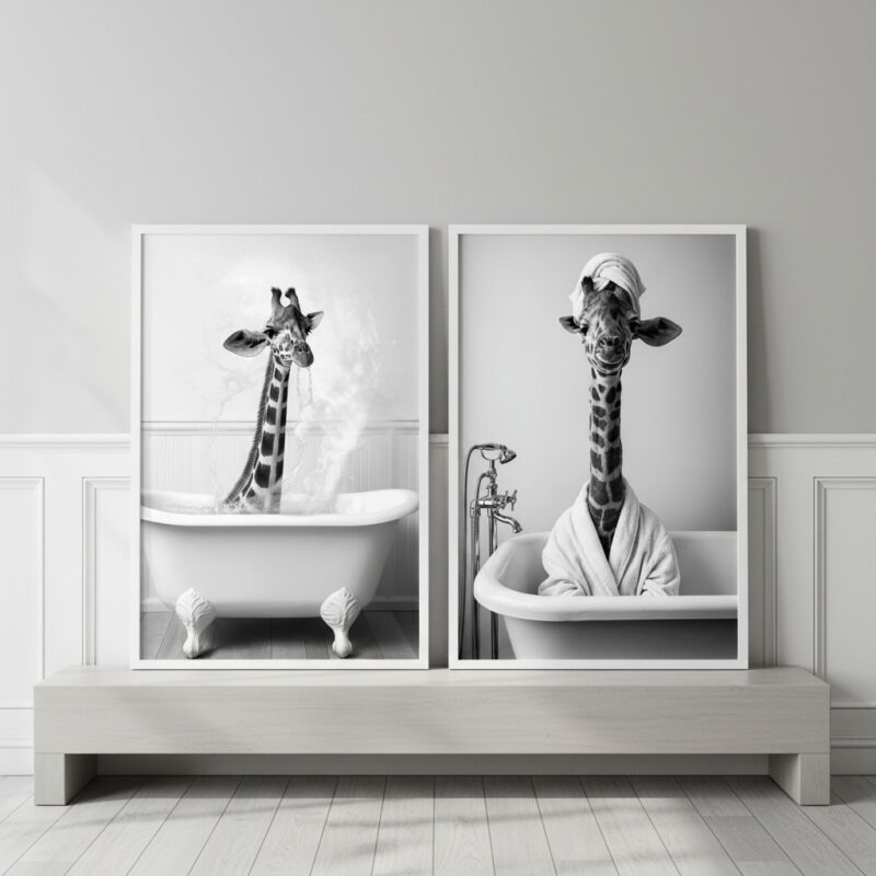 Kit 2 Quadros Divertidos Para Banheiro Dona Girafa