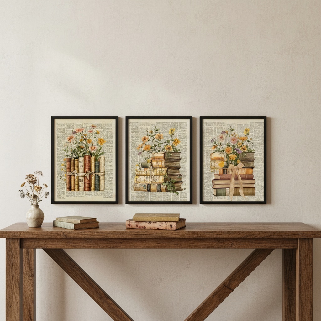Kit 3 Quadros Biblioteca Livros Com Flores Vintage