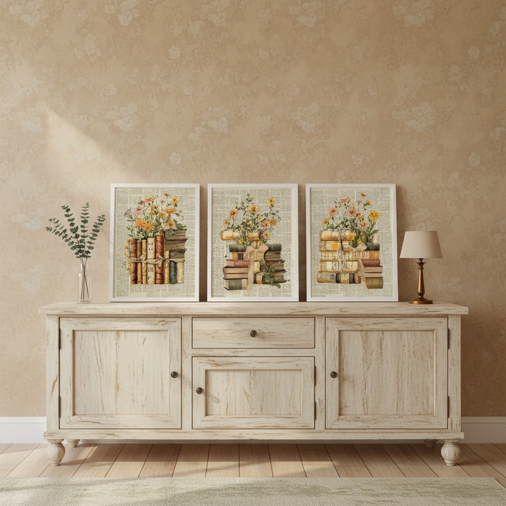 Kit 3 Quadros Biblioteca Livros Com Flores Vintage