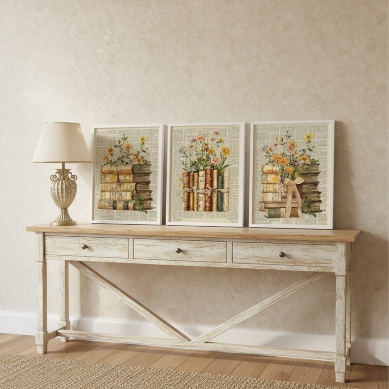 Kit 3 Quadros Biblioteca Livros Com Flores Vintage
