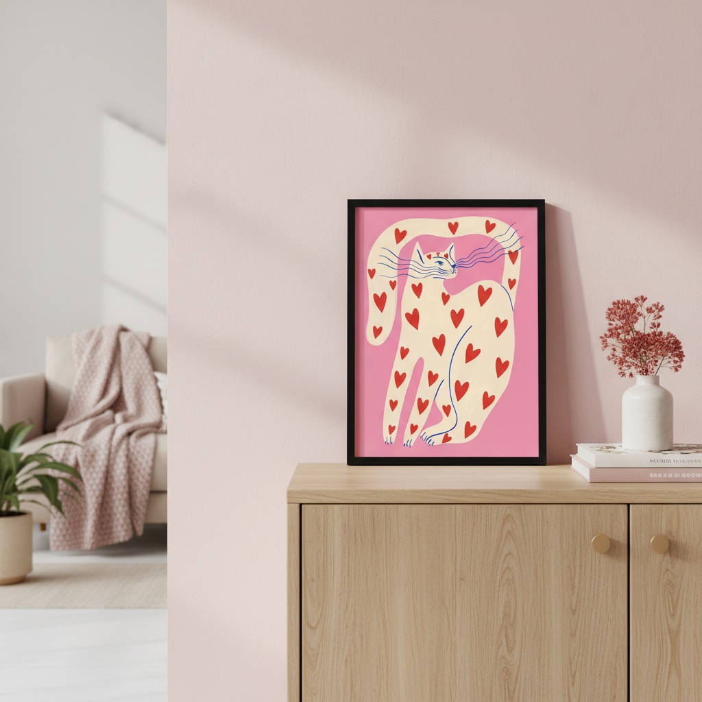 Quadro Arte Moderna Gato Rosa e Vermelho - Corações